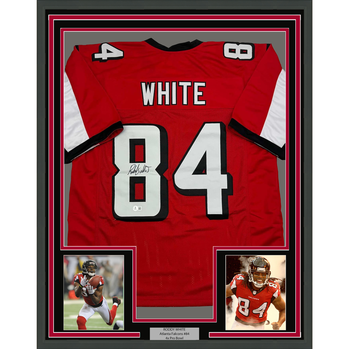 Framed Autographed/Signed Roddy White 35x39 Atlanta Red Football Jersey Beckett BAS COA