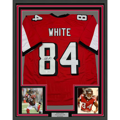 Framed Autographed/Signed Roddy White 35x39 Atlanta Red Football Jersey Beckett BAS COA