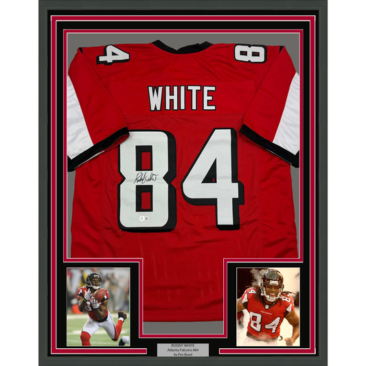 Framed Autographed/Signed Roddy White 35x39 Atlanta Red Football Jersey Beckett BAS COA