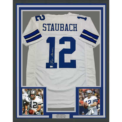 Framed Autographed/Signed Roger Staubach 35x39 Dallas White Football Jersey Beckett BAS COA