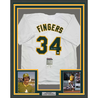 Framed Autographed/Signed Rollie Fingers 35x39 Oakland White Baseball Jersey JSA COA