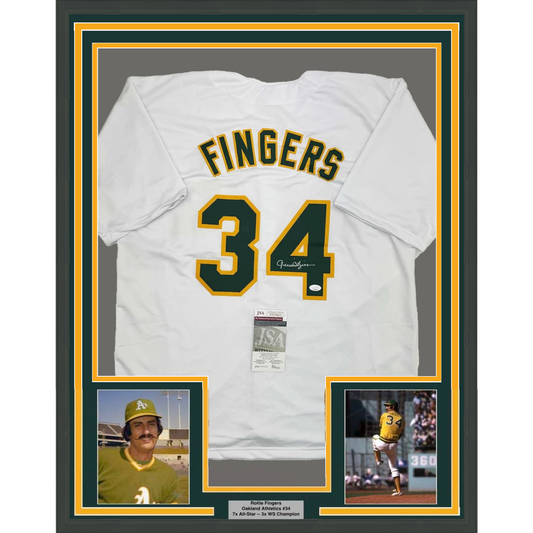 Framed Autographed/Signed Rollie Fingers 35x39 Oakland White Baseball Jersey JSA COA