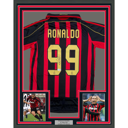 Framed Autographed/Signed Ricardo Ronaldo Nazario 35x39 AC Milan Black/Red Soccer Futbol Jersey Beckett BAS COA
