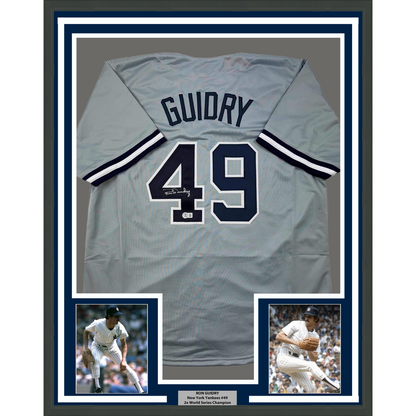 Framed Autographed/Signed Ron Guidry 35x39 New York Grey Baseball Jersey Beckett BAS COA