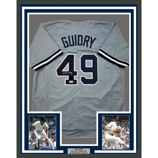 Framed Autographed/Signed Ron Guidry 35x39 New York Grey Baseball Jersey Beckett BAS COA