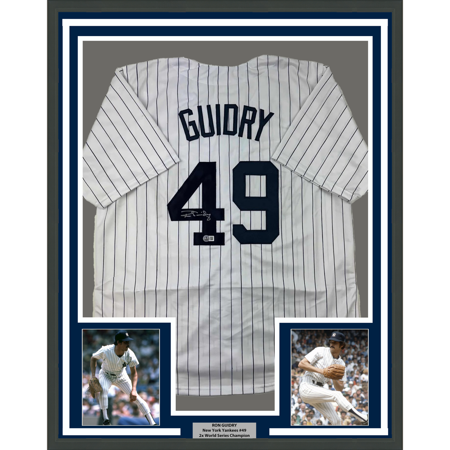 Framed Autographed/Signed Ron Guidry 35x39 New York Pinstripe Baseball Jersey Beckett BAS COA