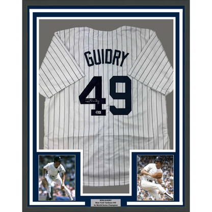 Framed Autographed/Signed Ron Guidry 35x39 New York Pinstripe Baseball Jersey Beckett BAS COA