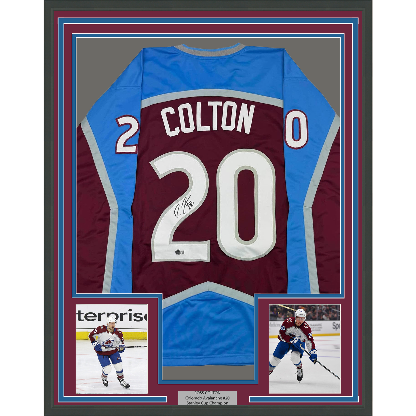 Framed Autographed/Signed Ross Colton 35x39 Colorado Maroon Hockey Jersey Beckett BAS COA