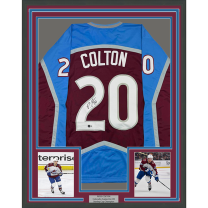 Framed Autographed/Signed Ross Colton 35x39 Colorado Maroon Hockey Jersey Beckett BAS COA