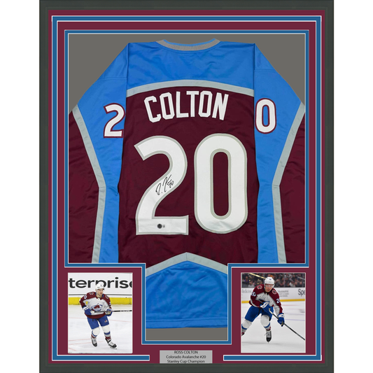 Framed Autographed/Signed Ross Colton 35x39 Colorado Maroon Hockey Jersey Beckett BAS COA
