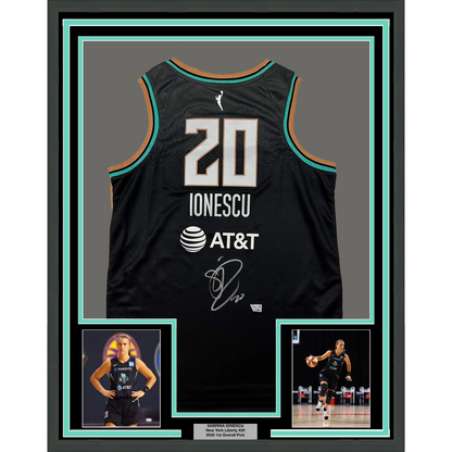 Framed Autographed/Signed Sabrina Ionescu 35x39 New York Liberty Black Swingman Basketball Jersey Fanatics COA