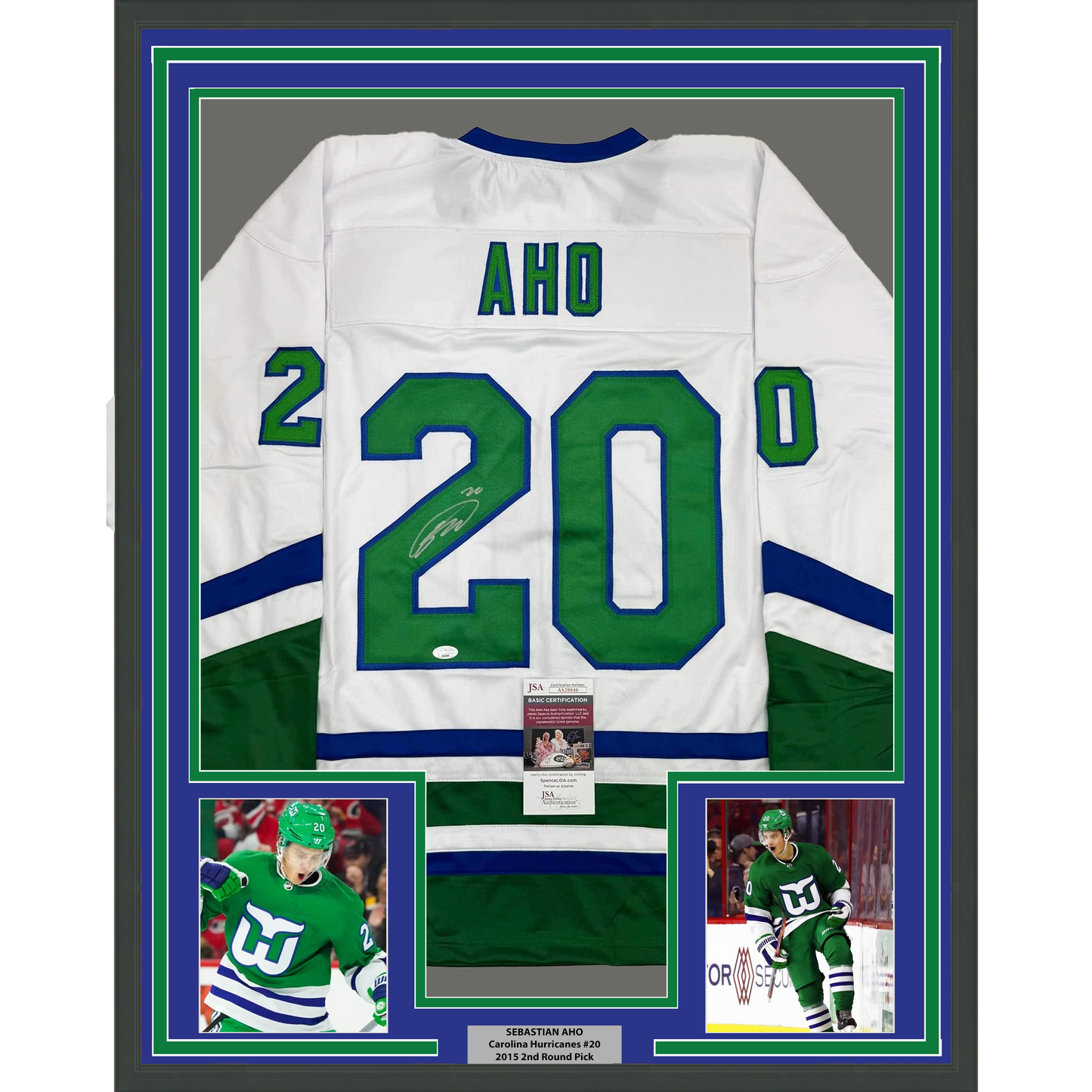 Framed Autographed/Signed Sebastian Aho 35x39 Hartford White Retro Hockey Jersey JSA COA