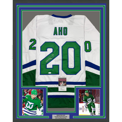 Framed Autographed/Signed Sebastian Aho 35x39 Hartford White Retro Hockey Jersey JSA COA