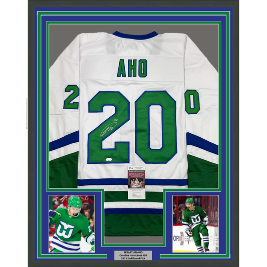 Framed Autographed/Signed Sebastian Aho 35x39 Hartford White Retro Hockey Jersey JSA COA