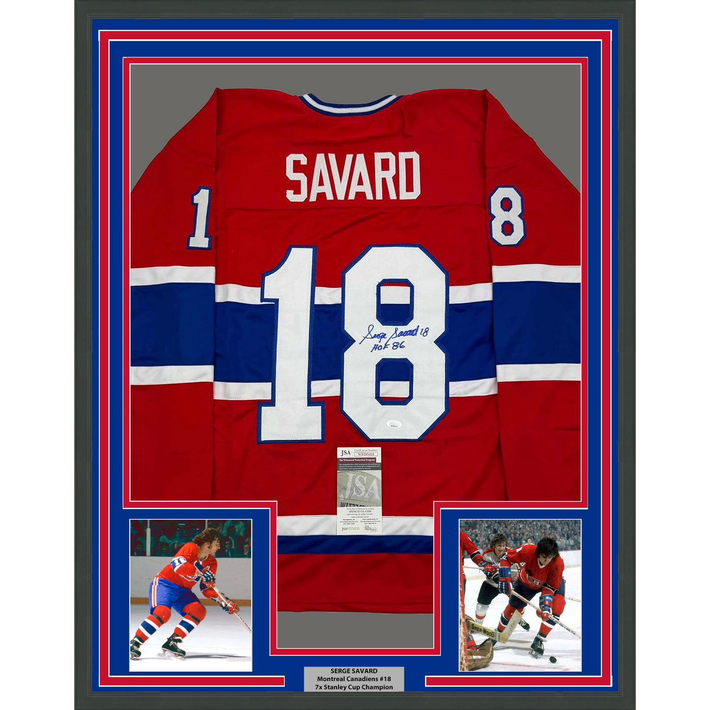 Framed Autographed/Signed Serge Savard 35x39 HOF 86 Montreal Red Hockey Jersey JSA COA