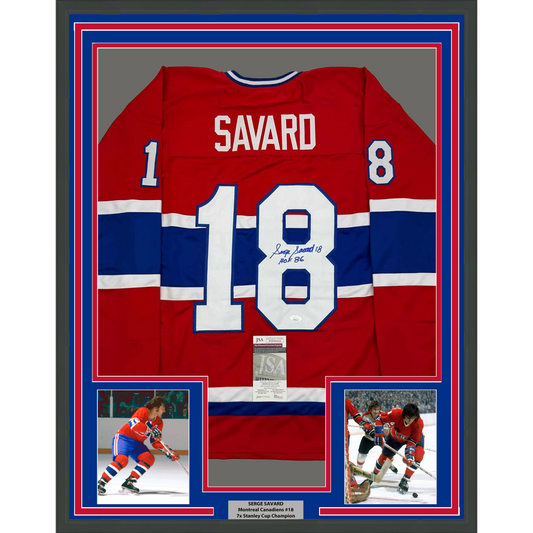 Framed Autographed/Signed Serge Savard 35x39 HOF 86 Montreal Red Hockey Jersey JSA COA