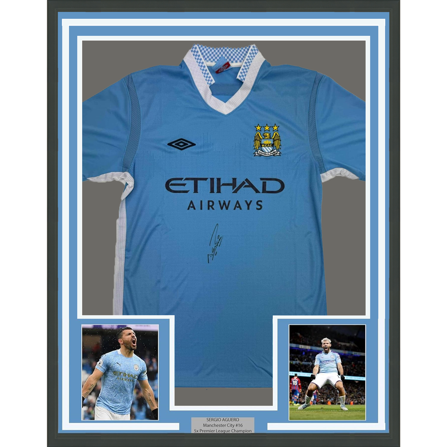 Framed Autographed/Signed Sergio Kun Aguero 35x39 Manchester City Blue Soccer Futbol Jersey Beckett BAS COA #2