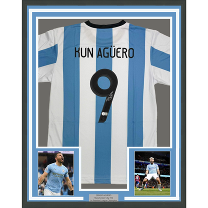 Framed Autographed/Signed Sergio Kun Aguero 35x39 Argentina Blue Soccer Futbol Jersey Beckett BAS COA #3