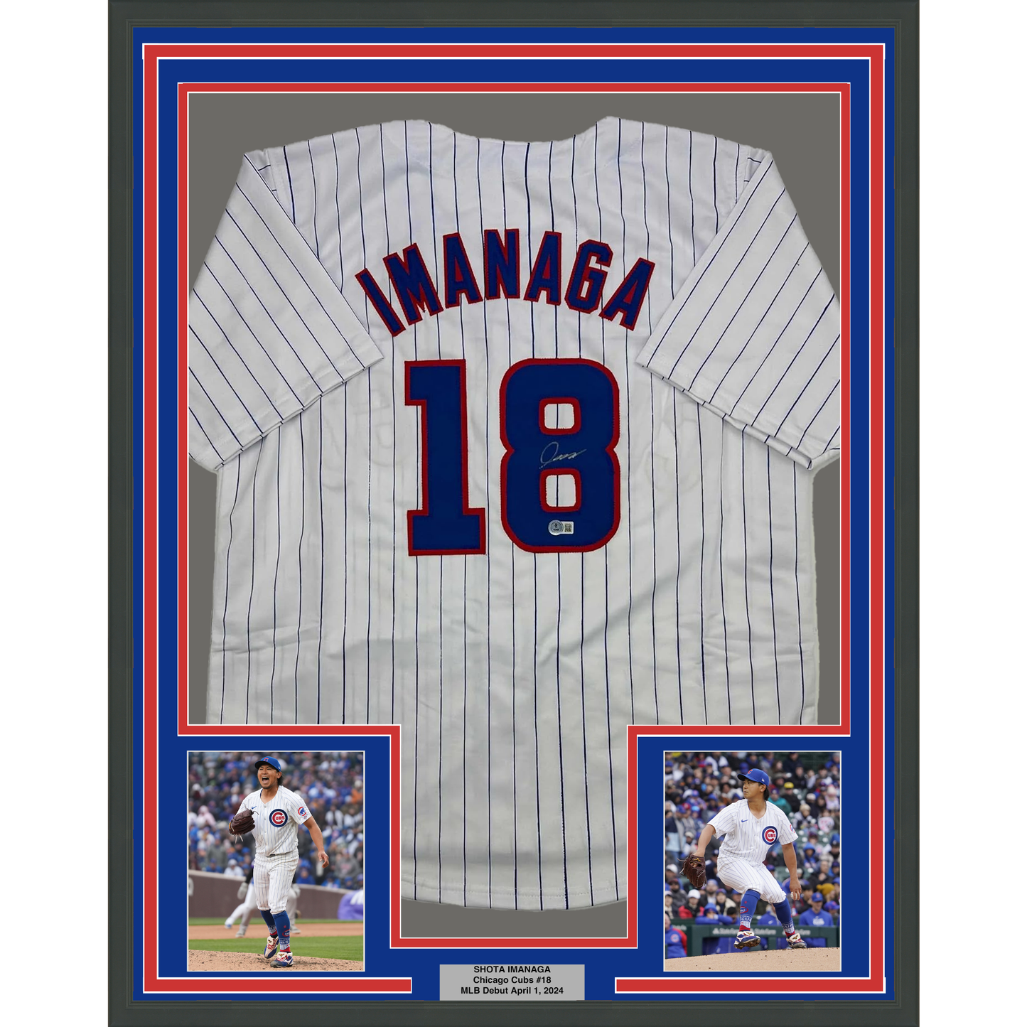 Framed Autographed/Signed Shota Imanaga 35x39 Chicago Pinstripe Baseball Jersey Beckett BAS COA