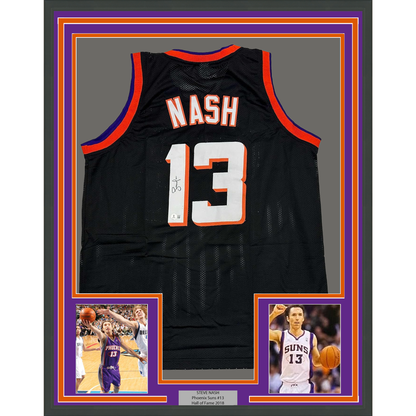 Framed Autographed/Signed Steve Nash 35x39 Phoenix Black Basketball Jersey Beckett BAS COA