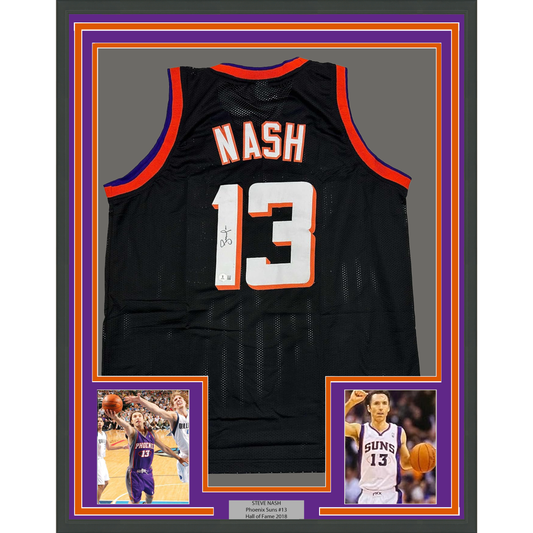 Framed Autographed/Signed Steve Nash 35x39 Phoenix Black Basketball Jersey Beckett BAS COA