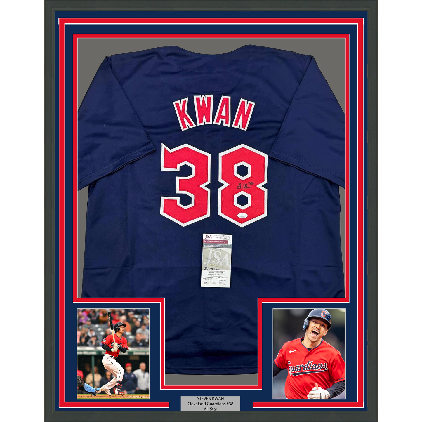 Framed Autographed/Signed Steven Kwan 35x39 Cleveland Blue Baseball Jersey JSA COA