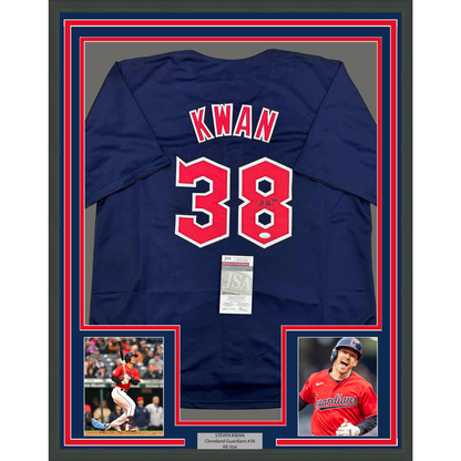 Framed Autographed/Signed Steven Kwan 35x39 Cleveland Blue Baseball Jersey JSA COA