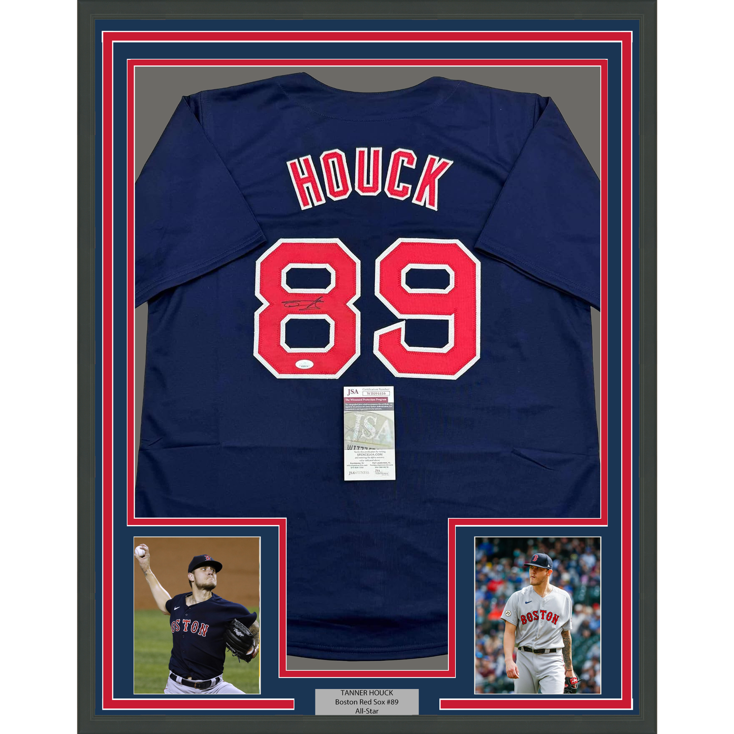Framed Autographed/Signed Tanner Houck 35x39 Boston Blue Baseball Jersey JSA COA