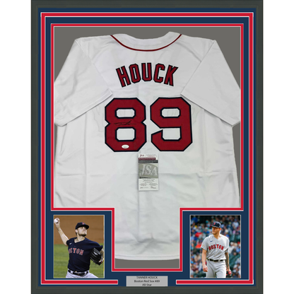 Framed Autographed/Signed Tanner Houck 35x39 Boston White Baseball Jersey JSA COA
