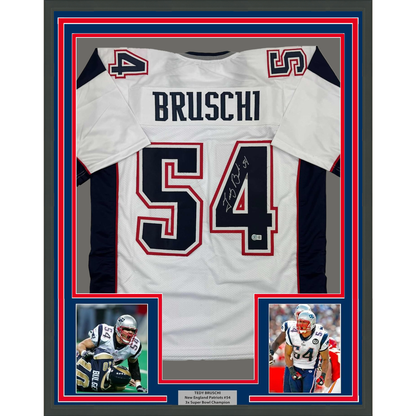 Framed Autographed/Signed Tedy Bruschi 35x39 New England White Football Jersey Beckett BAS COA