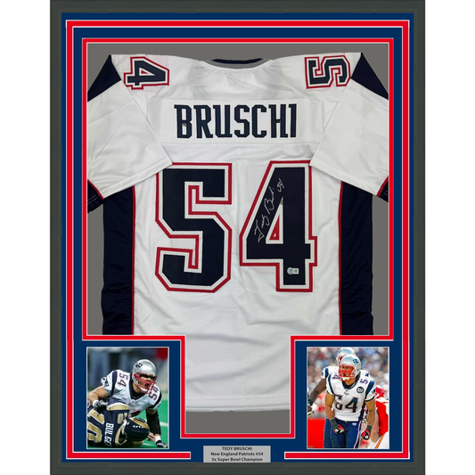 Framed Autographed/Signed Tedy Bruschi 35x39 New England White Football Jersey Beckett BAS COA