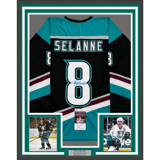 Framed Autographed/Signed Teemu Selanne 35x39 Anaheim Black Retro Hockey Jersey JSA COA