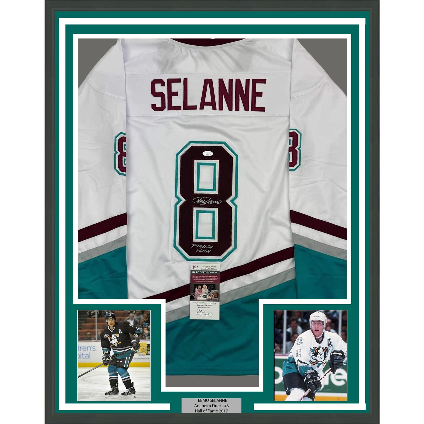 Framed Autographed/Signed Teemu Selanne Finnish Flash 35x39 Anaheim White Retro Hockey Jersey JSA COA