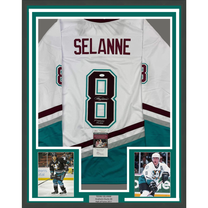 Framed Autographed/Signed Teemu Selanne Finnish Flash 35x39 Anaheim White Retro Hockey Jersey JSA COA