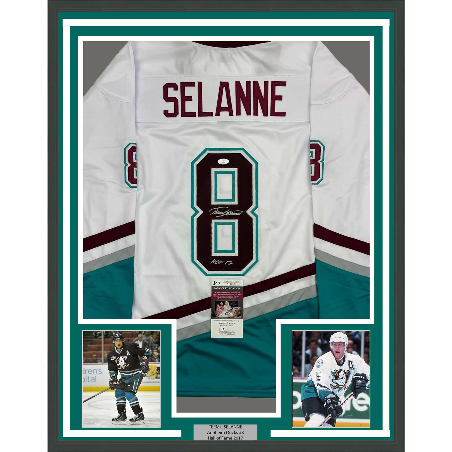 Framed Autographed/Signed Teemu Selanne HOF 35x39 Anaheim White Retro Hockey Jersey JSA COA