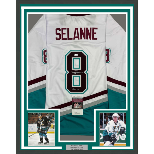 Framed Autographed/Signed Teemu Selanne HOF 35x39 Anaheim White Retro Hockey Jersey JSA COA
