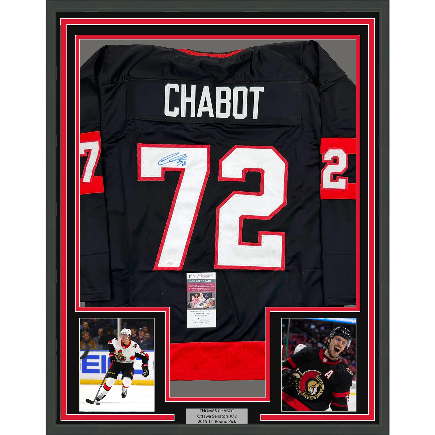 Framed Autographed/Signed Thomas Chabot 35x39 Ottawa Black Hockey Jersey JSA COA