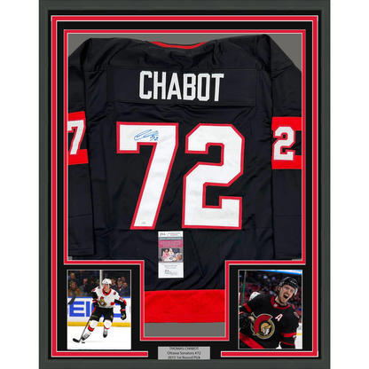 Framed Autographed/Signed Thomas Chabot 35x39 Ottawa Black Hockey Jersey JSA COA