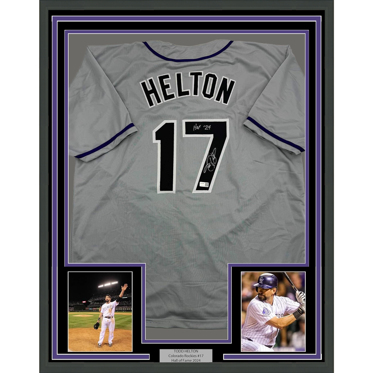 Framed Autographed/Signed Todd Helton HOF 24 35x39 Colorado Grey Baseball Jersey Tristar COA