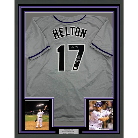 Framed Autographed/Signed Todd Helton HOF 24 35x39 Colorado Grey Baseball Jersey Tristar COA