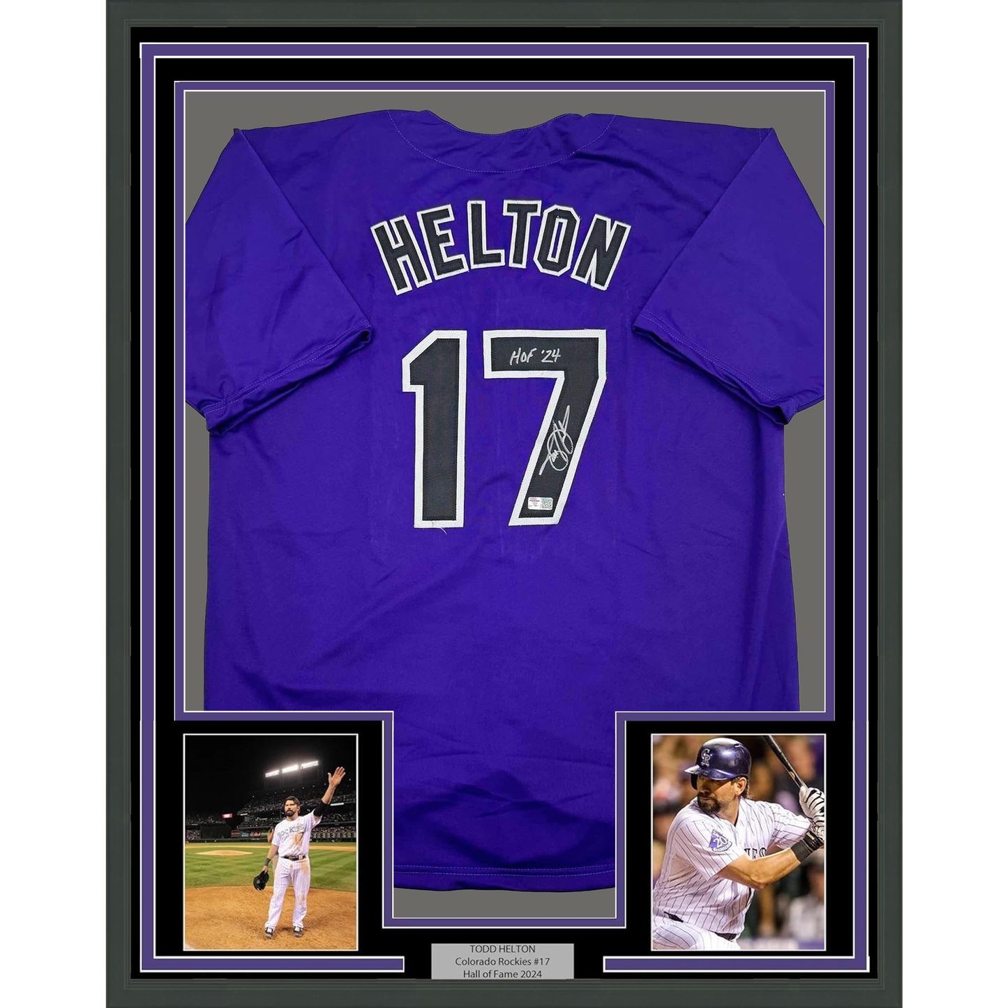 Framed Autographed/Signed Todd Helton HOF 24 35x39 Colorado Purple Baseball Jersey Tristar COA