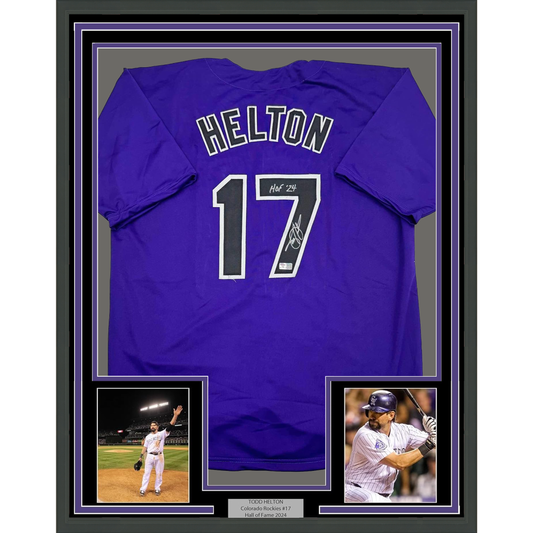 Framed Autographed/Signed Todd Helton HOF 24 35x39 Colorado Purple Baseball Jersey Tristar COA