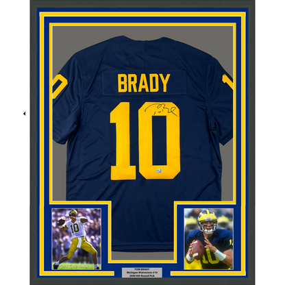 Framed Autographed/Signed Tom Brady 35x39 Michigan Wolverines Blue Authentic Limited Football Jersey Fanatics COA