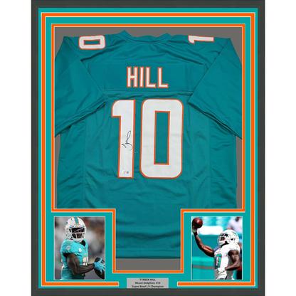 Framed Autographed/Signed Tyreek Hill 35x39 Miami Teal Football Jersey Beckett BAS COA