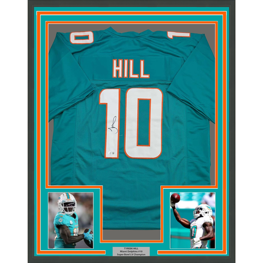 Framed Autographed/Signed Tyreek Hill 35x39 Miami Teal Football Jersey Beckett BAS COA