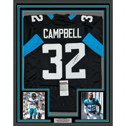 Framed Autographed/Signed Tyson Campbell 35x39 Jacksonville Black Football Jersey JSA COA