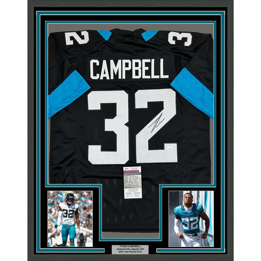 Framed Autographed/Signed Tyson Campbell 35x39 Jacksonville Black Football Jersey JSA COA