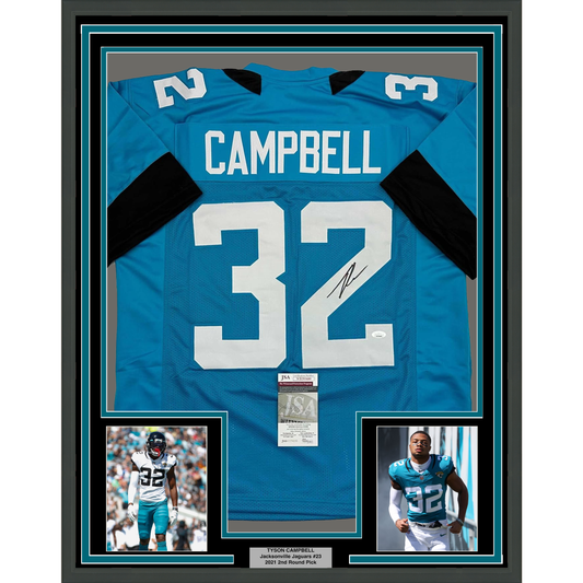 Framed Autographed/Signed Tyson Campbell 35x39 Jacksonville Teal Football Jersey JSA COA