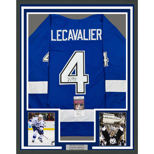 Framed Autographed/Signed Vincent Lecavalier 35x39 Tampa Bay Blue Hockey Jersey JSA COA