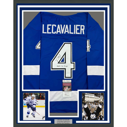Framed Autographed/Signed Vincent Lecavalier 2004 SC Champs 35x39 Tampa Bay Blue Hockey Jersey JSA COA